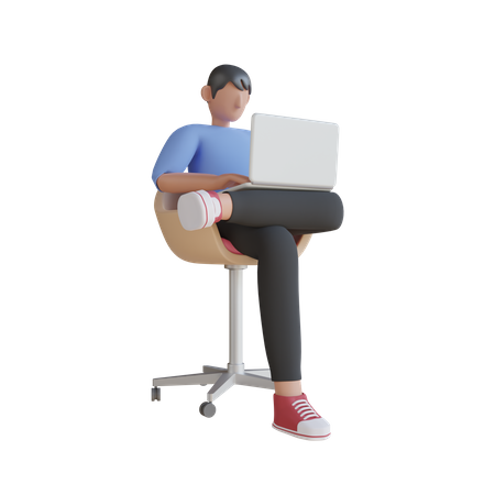 Junge sitzt auf Stuhl mit Laptop  3D Illustration