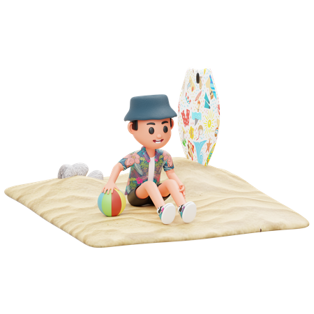 Junge sitzt auf dem Sand und spielt mit Ball  3D Illustration