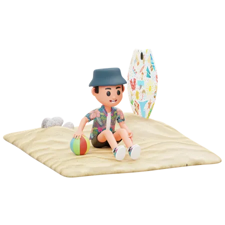 Junge sitzt auf dem Sand und spielt mit Ball  3D Illustration