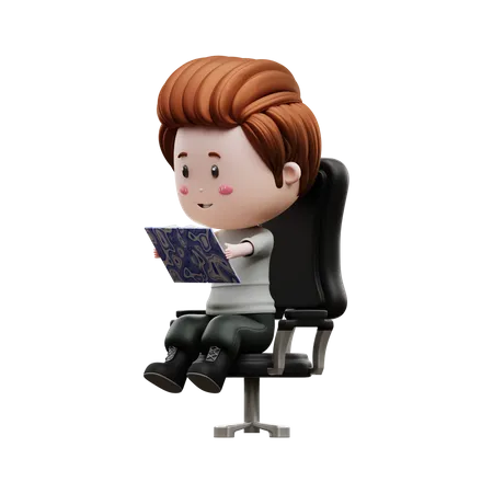 Junge sitzt und liest ein Buch  3D Illustration