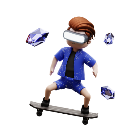 Junge beim Skaten mit VR-Headset  3D Illustration