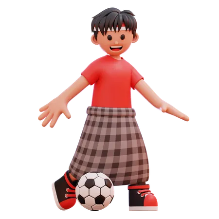 Junge spielt Ball mit einem Sarong-Tuch  3D Illustration