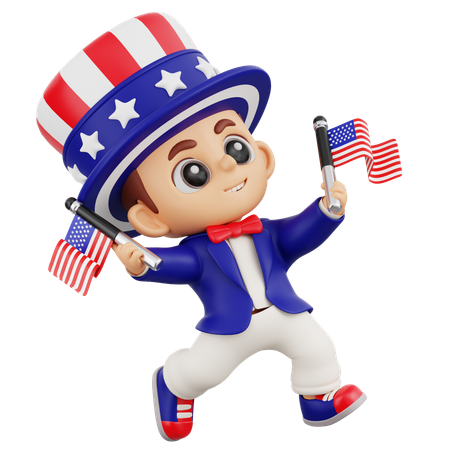 Junge springt, während er zwei amerikanische Flaggen hält  3D Illustration