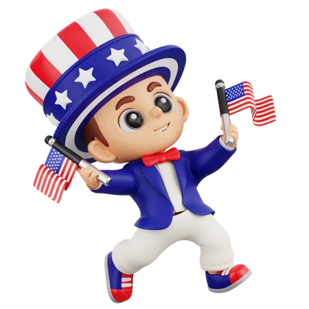 Junge springt, während er zwei amerikanische Flaggen hält  3D Illustration
