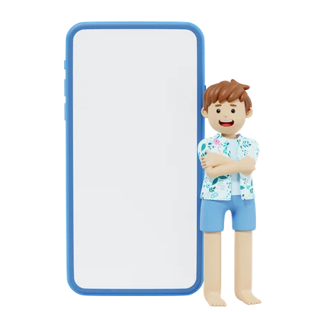 Junge steht mit Smartphone  3D Illustration