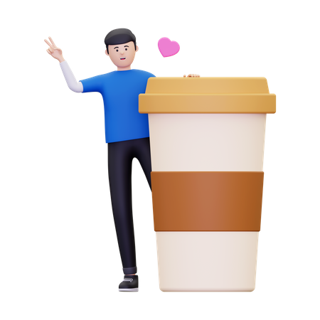Junge steht neben Kaffeetasse  3D Illustration