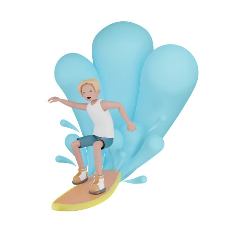 Junge surft auf Wasserwelle  3D Illustration