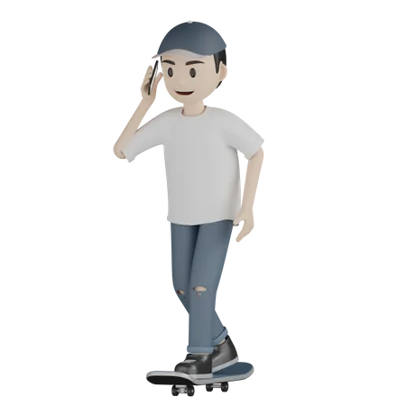 Junge telefoniert beim Skateboarden  3D Illustration