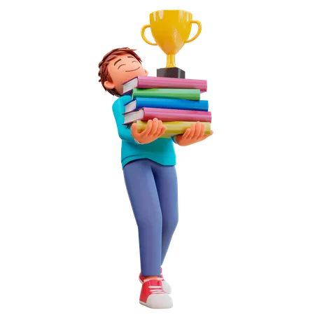 Junge trägt einen Stapel Bücher und Trophäen  3D Illustration
