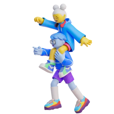 Junge trägt Mädchen auf der Schulter  3D Illustration