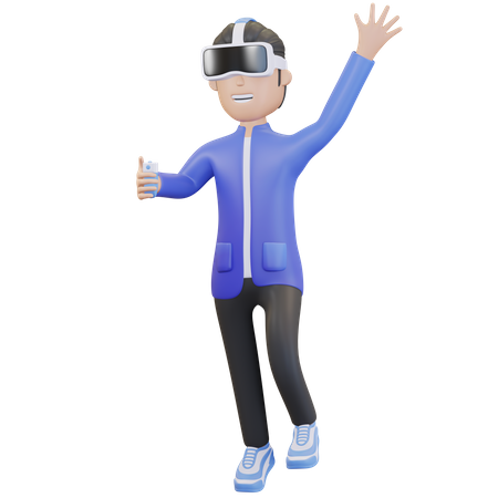 Junge trägt Virtual Reality-Headset und winkt mit der Hand  3D Illustration