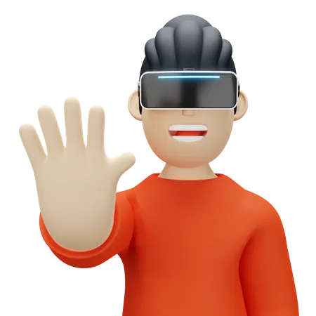 Junge trägt Virtual Reality-Headset und winkt mit der Hand  3D Illustration