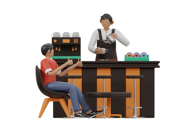 Junge wartet auf Kaffee im Café  3D Illustration