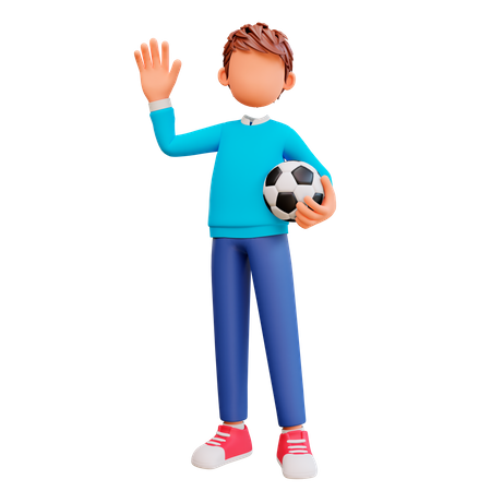 Junge winkt und hält einen Fußball  3D Illustration