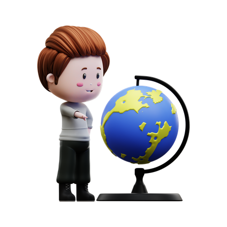 Junge zeigt auf Globus  3D Illustration
