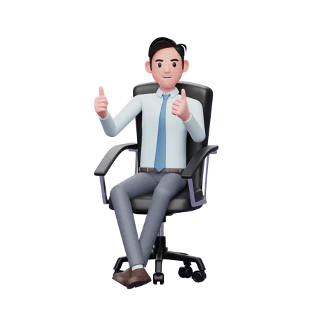 Junger Geschäftsmann sitzt auf Stuhl und gibt beide Daumen hoch  3D Illustration