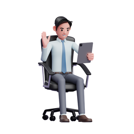 Junger Geschäftsmann sitzt auf Stuhl und führt Videoanruf mit Tablet  3D Illustration
