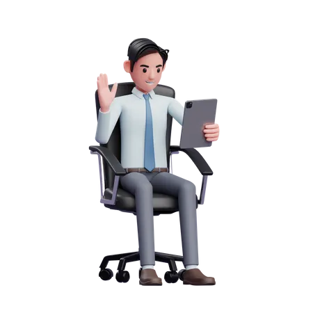Junger Geschäftsmann sitzt auf Stuhl und führt Videoanruf mit Tablet  3D Illustration