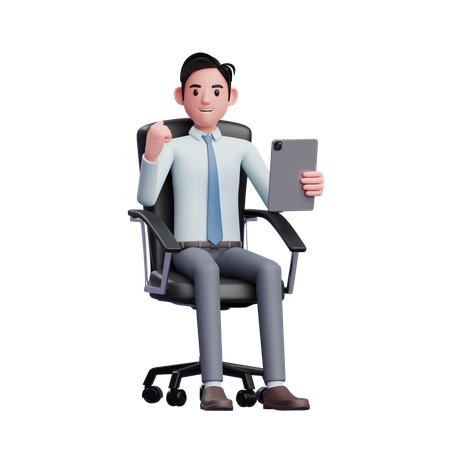 Junger Geschäftsmann sitzt im Bürostuhl und hält ein Tablet in der Hand, während er feiert  3D Illustration