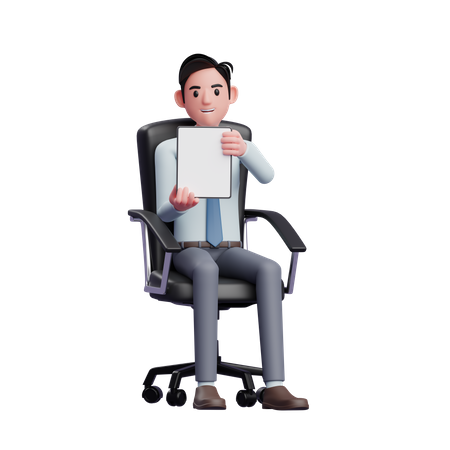 Junger Geschäftsmann sitzt im Bürostuhl und hält ein Tablet mit beiden Händen, auf dem der Bildschirm zu sehen ist  3D Illustration