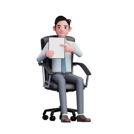 Junger Geschäftsmann sitzt im Bürostuhl und zeigt mit dem Finger auf den Tablet-Bildschirm  3D Illustration