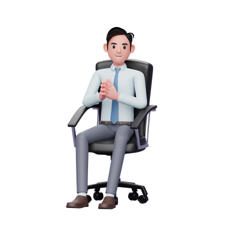 Junger hübscher Geschäftsmann sitzt im Bürostuhl mit Handbewegung Kirchturm  3D Illustration