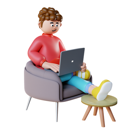 Junger Mann arbeitet am Laptop und sitzt auf dem Sofa  3D Illustration