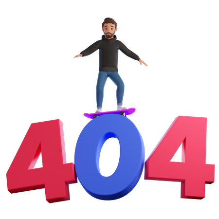 Junger Mann skatet auf 404-Fehler  3D Illustration