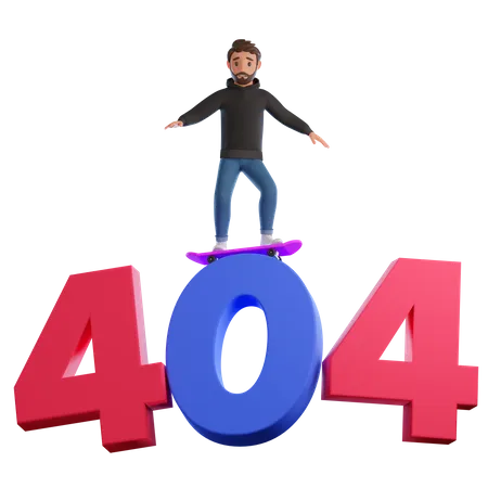 Junger Mann skatet auf 404-Fehler  3D Illustration