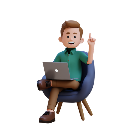 Junger Mann bekommt eine Idee, während er auf dem Sofa sitzt und am Laptop arbeitet  3D Illustration