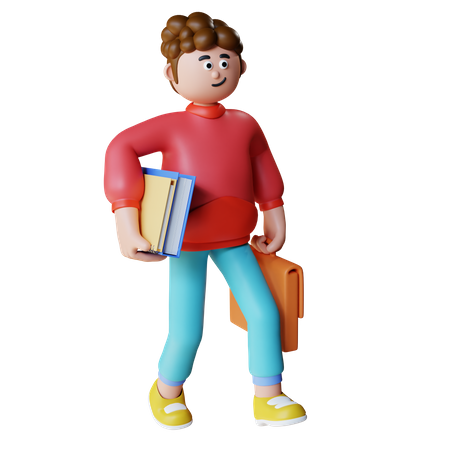 Junger Mann zu Fuß mit Bürotasche und Akten in der Hand  3D Illustration