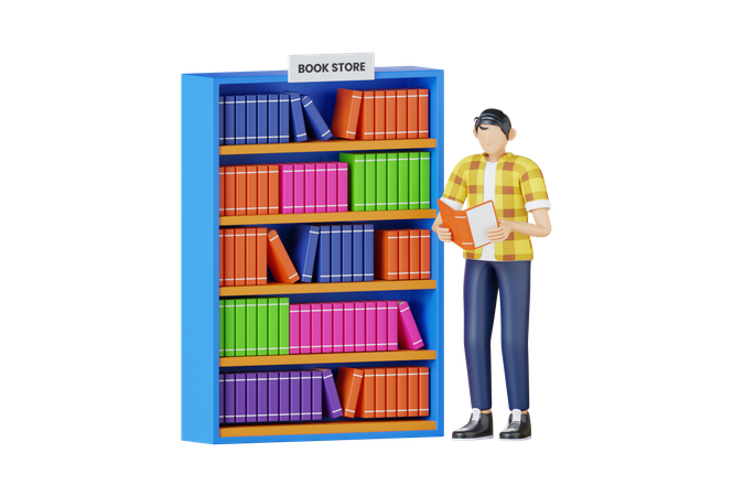 Junger Mann mit Buch im Buchladen  3D Illustration