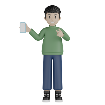 Junger Mann hält Handy und zeigt nach links  3D Illustration