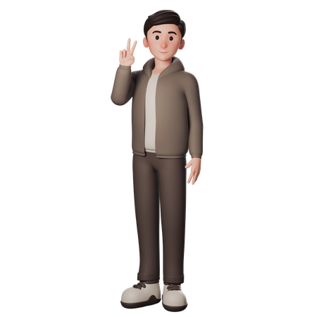 Junger Mann in braun gekleidet macht Peace-Hand-Pose mit der linken Hand  3D Illustration