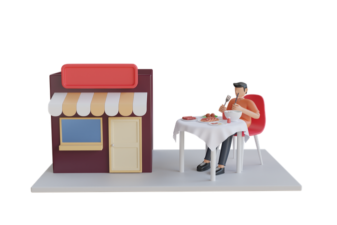 Junger Mann im Restaurant essen  3D Illustration