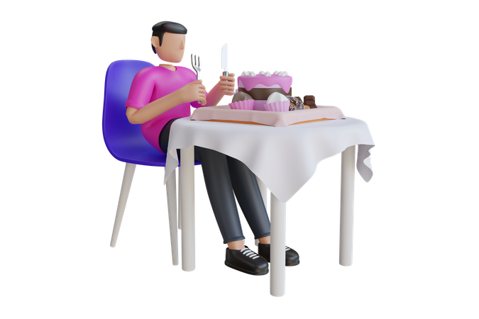 Junger Mann isst Kuchen  3D Illustration