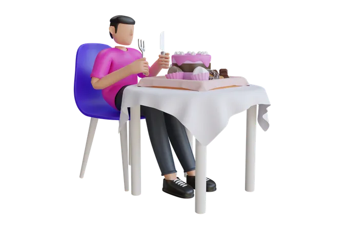 Junger Mann isst Kuchen  3D Illustration