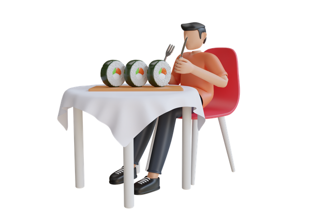 Junger Mann isst Sushi  3D Illustration