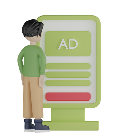 Junger Mann sieht Werbung auf Plakatwand  3D Illustration
