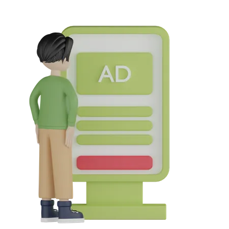 Junger Mann sieht Werbung auf Plakatwand  3D Illustration