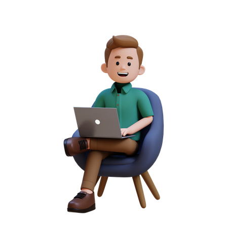 Junger Mann sitzt auf dem Sofa und arbeitet am Laptop  3D Illustration