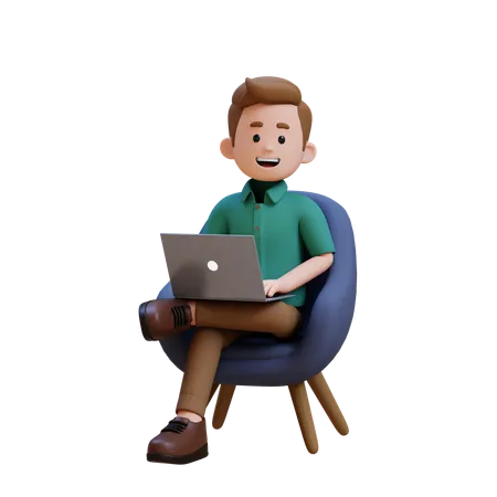 Junger Mann sitzt auf dem Sofa und arbeitet am Laptop  3D Illustration