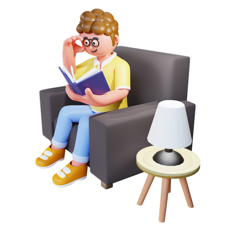 Junger Mann sitzt auf dem Sofa und liest ein Buch  3D Illustration