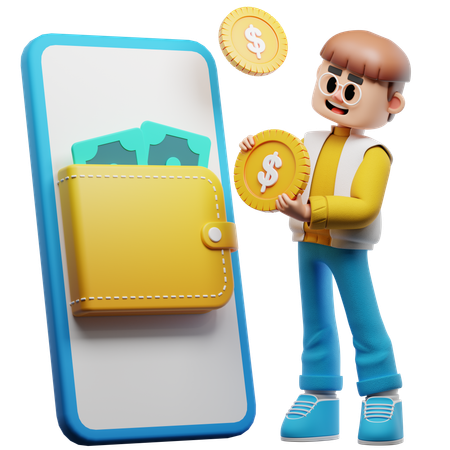 Junger Mann spart Geld auf Online-Wallet  3D Illustration