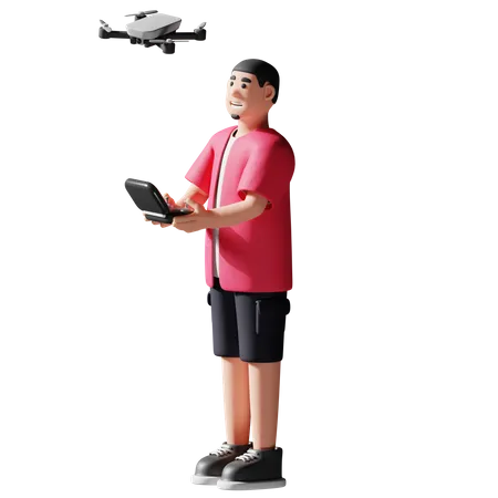 Junger Mann spielt mit Drohne  3D Illustration