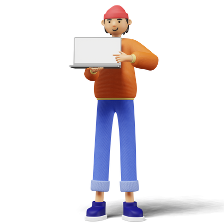 Junger Mann zeigt Laptop-Bildschirm  3D Illustration