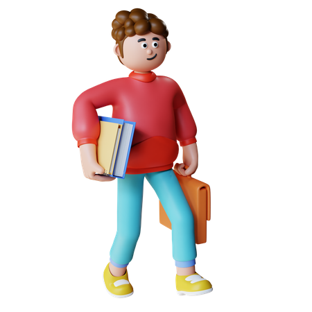 Junger Mann zu Fuß mit Bürotasche und Akten in der Hand  3D Icon