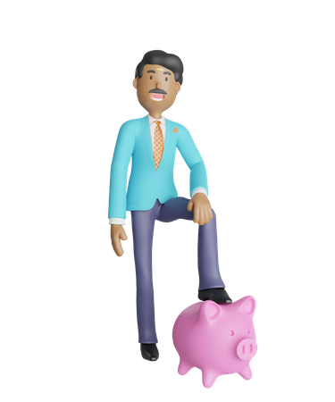 Junger südindischer Geschäftsmann mit Sparschwein  3D Illustration
