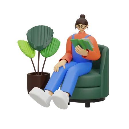 Junges Mädchen liest ein Buch eine Weile auf dem Sofa sitzend  3D Illustration