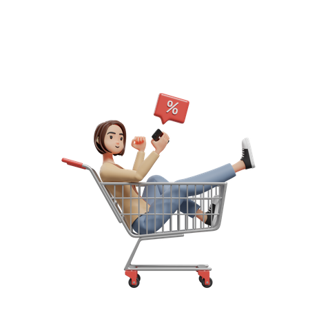 Junges Mädchen sitzt in einem Einkaufswagen und schaut auf einen Handy-Bildschirm  3D Icon